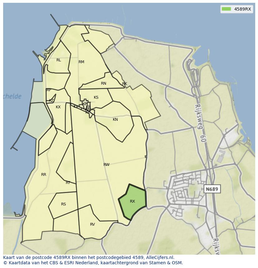 Afbeelding van het postcodegebied 4589 RX op de kaart.