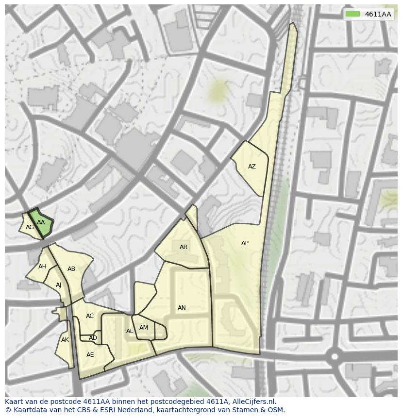 Afbeelding van het postcodegebied 4611 AA op de kaart.