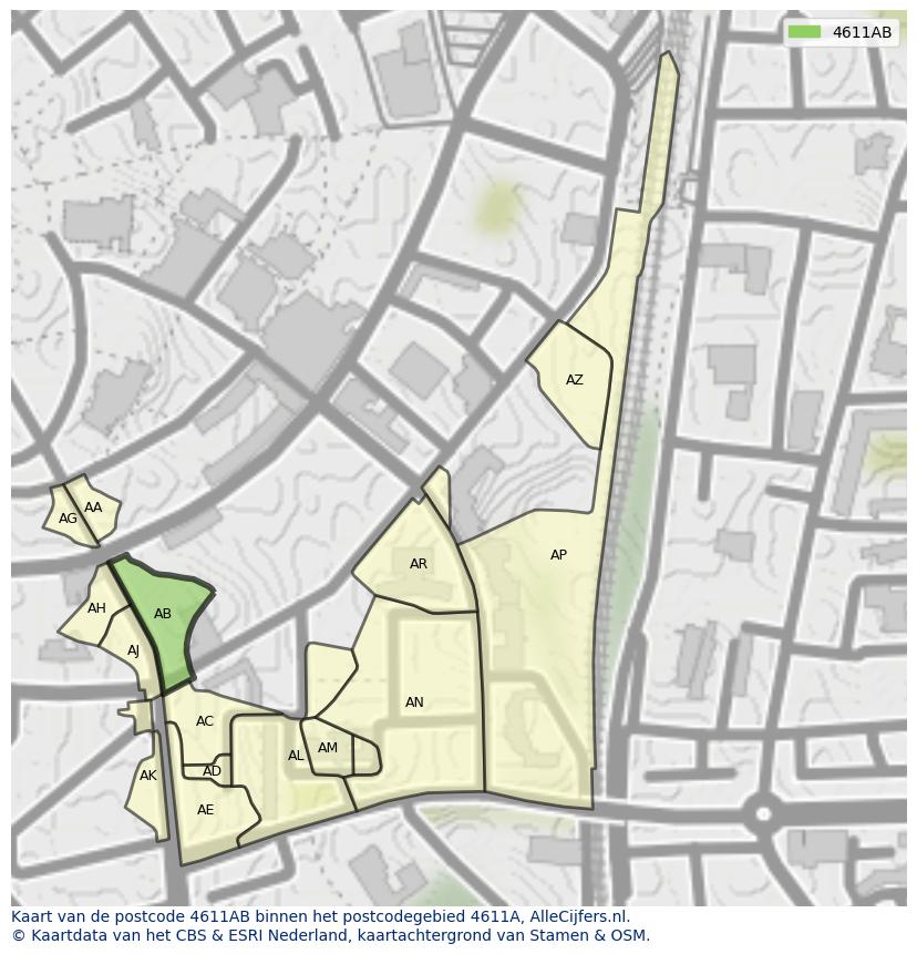 Afbeelding van het postcodegebied 4611 AB op de kaart.