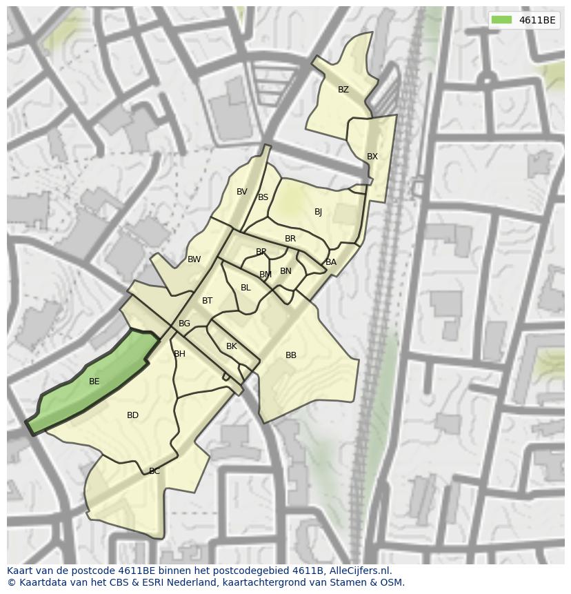 Afbeelding van het postcodegebied 4611 BE op de kaart.