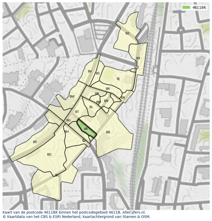 Afbeelding van het postcodegebied 4611 BK op de kaart.