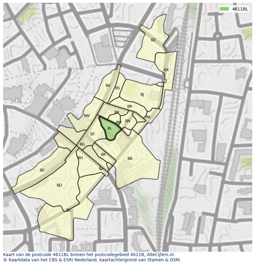 Afbeelding van het postcodegebied 4611 BL op de kaart.