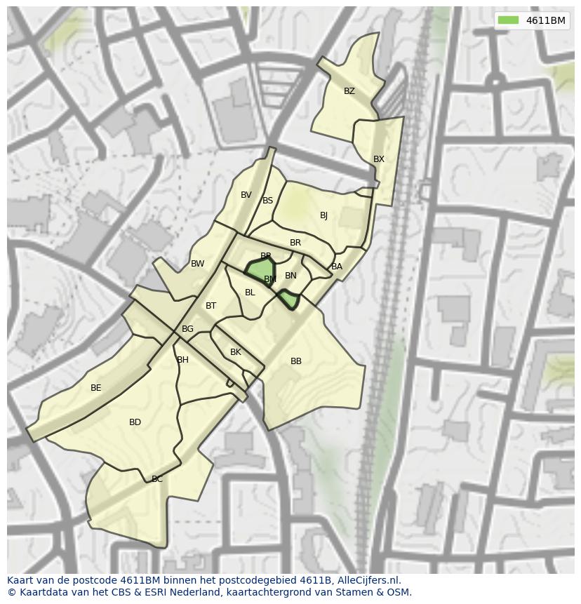 Afbeelding van het postcodegebied 4611 BM op de kaart.