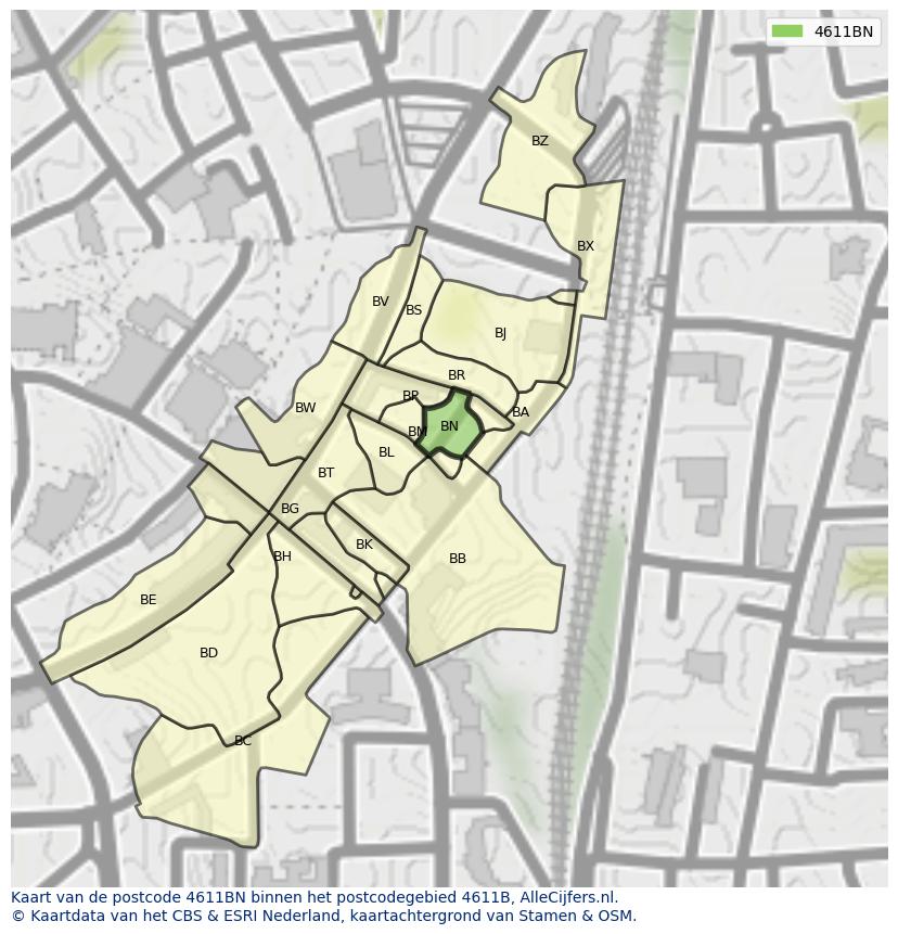 Afbeelding van het postcodegebied 4611 BN op de kaart.