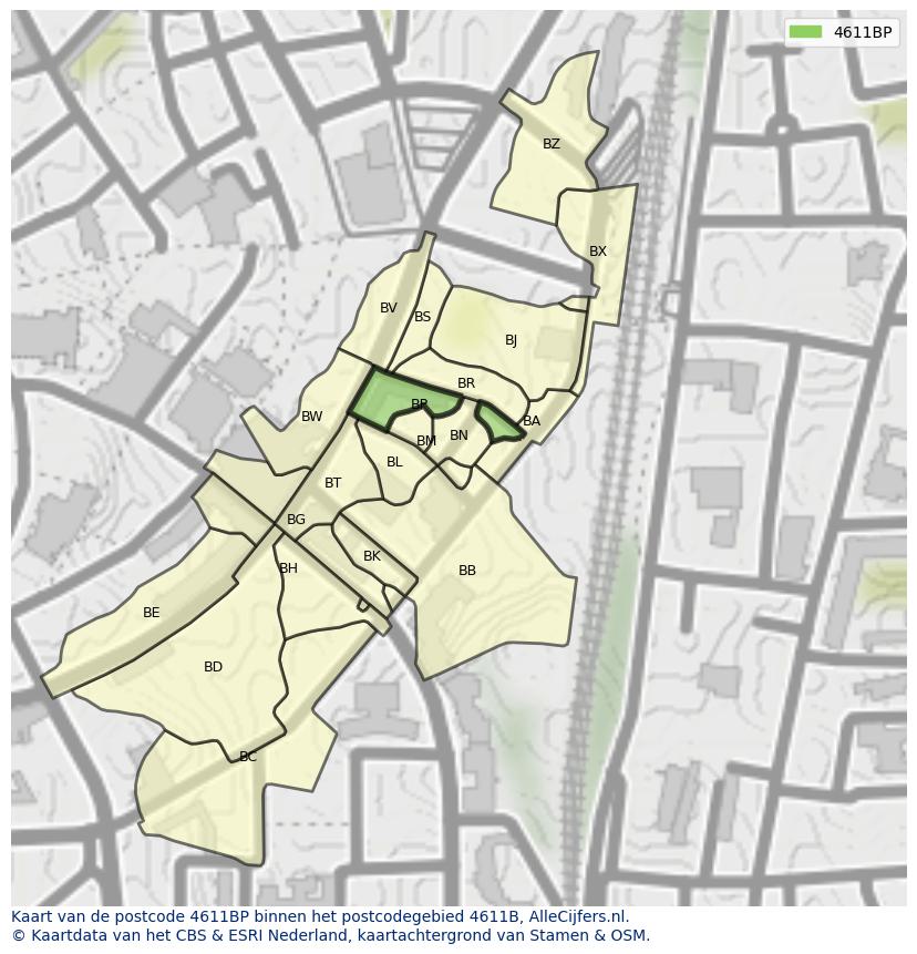 Afbeelding van het postcodegebied 4611 BP op de kaart.