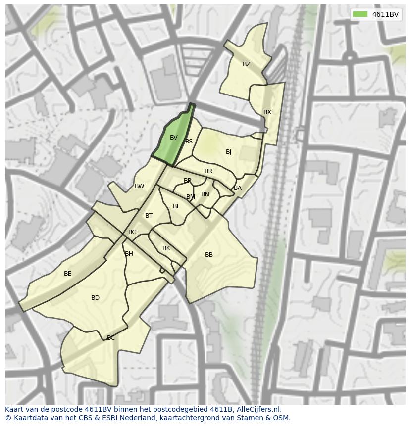 Afbeelding van het postcodegebied 4611 BV op de kaart.