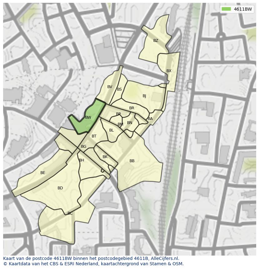 Afbeelding van het postcodegebied 4611 BW op de kaart.