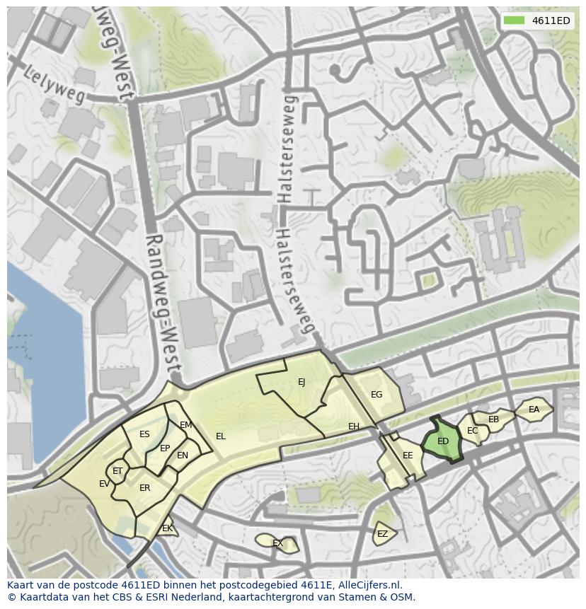 Afbeelding van het postcodegebied 4611 ED op de kaart.