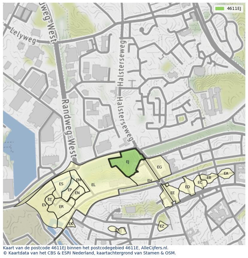 Afbeelding van het postcodegebied 4611 EJ op de kaart.
