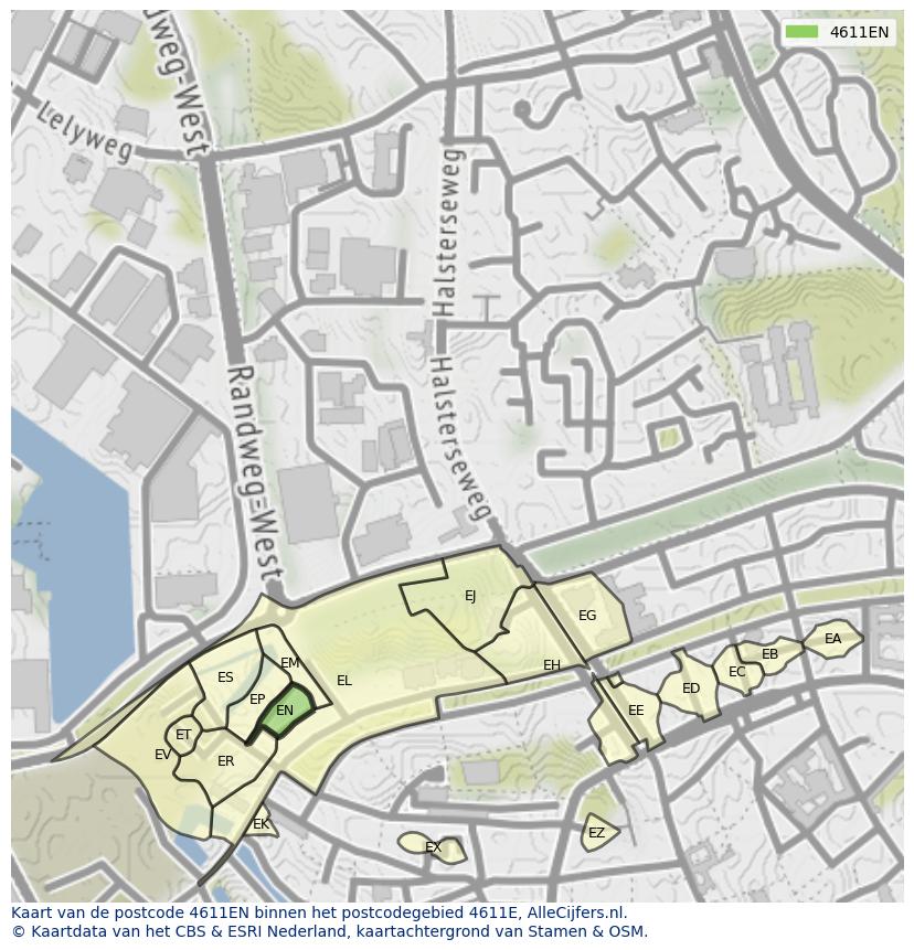 Afbeelding van het postcodegebied 4611 EN op de kaart.