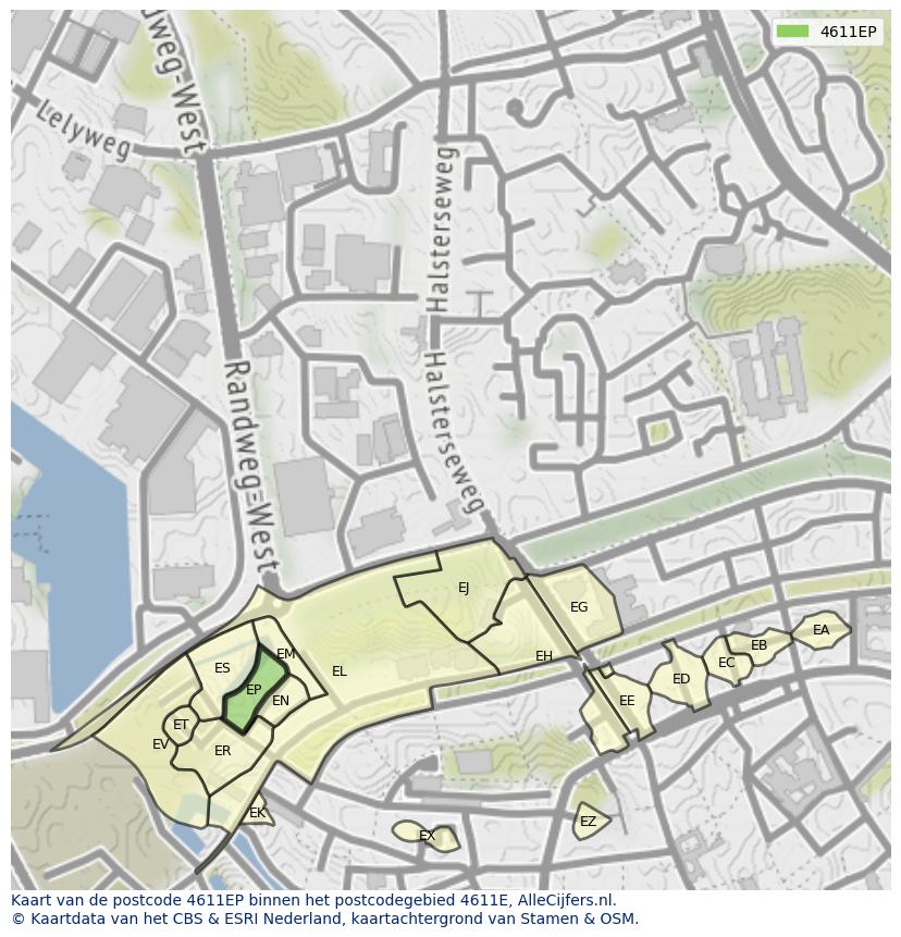 Afbeelding van het postcodegebied 4611 EP op de kaart.