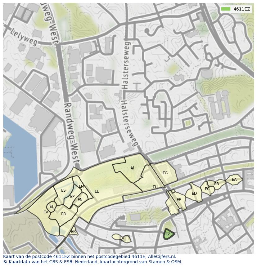 Afbeelding van het postcodegebied 4611 EZ op de kaart.