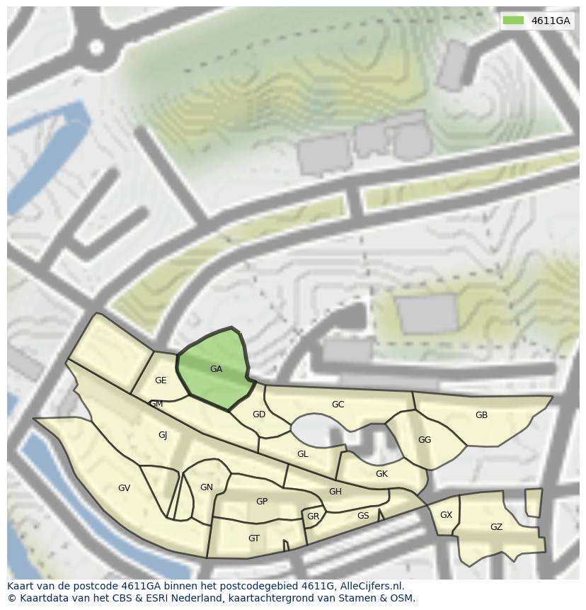 Afbeelding van het postcodegebied 4611 GA op de kaart.