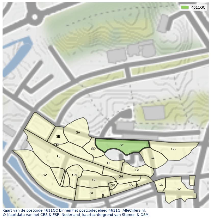 Afbeelding van het postcodegebied 4611 GC op de kaart.