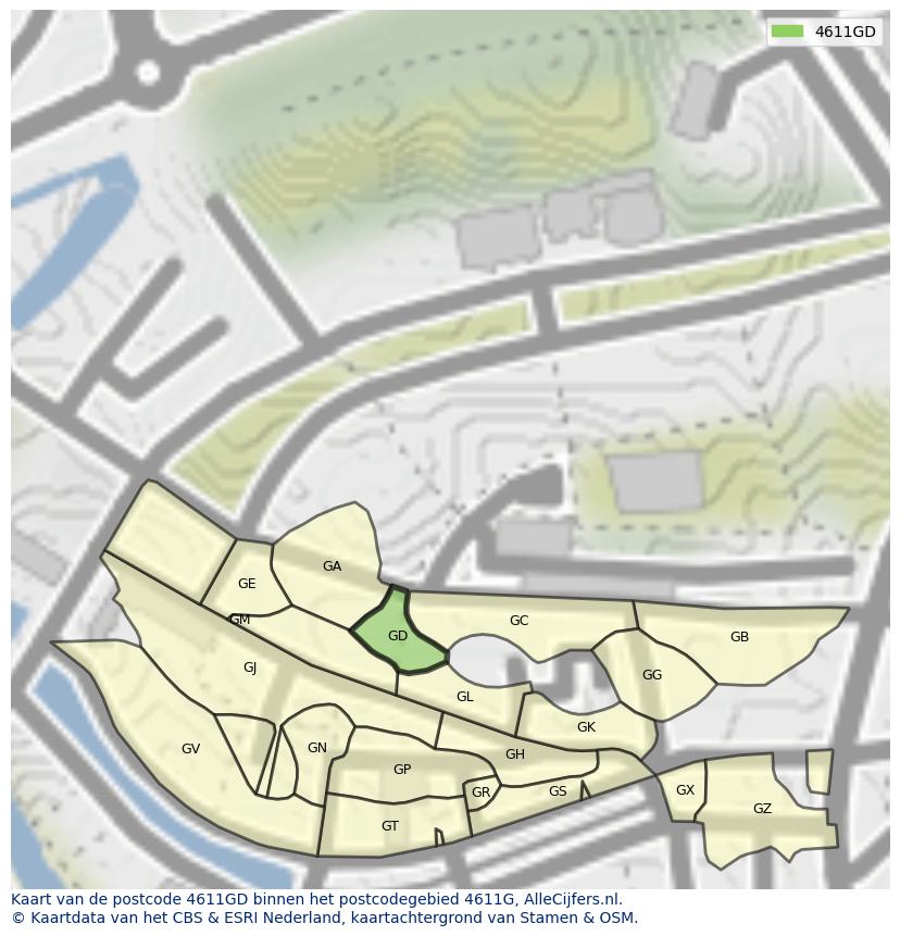 Afbeelding van het postcodegebied 4611 GD op de kaart.