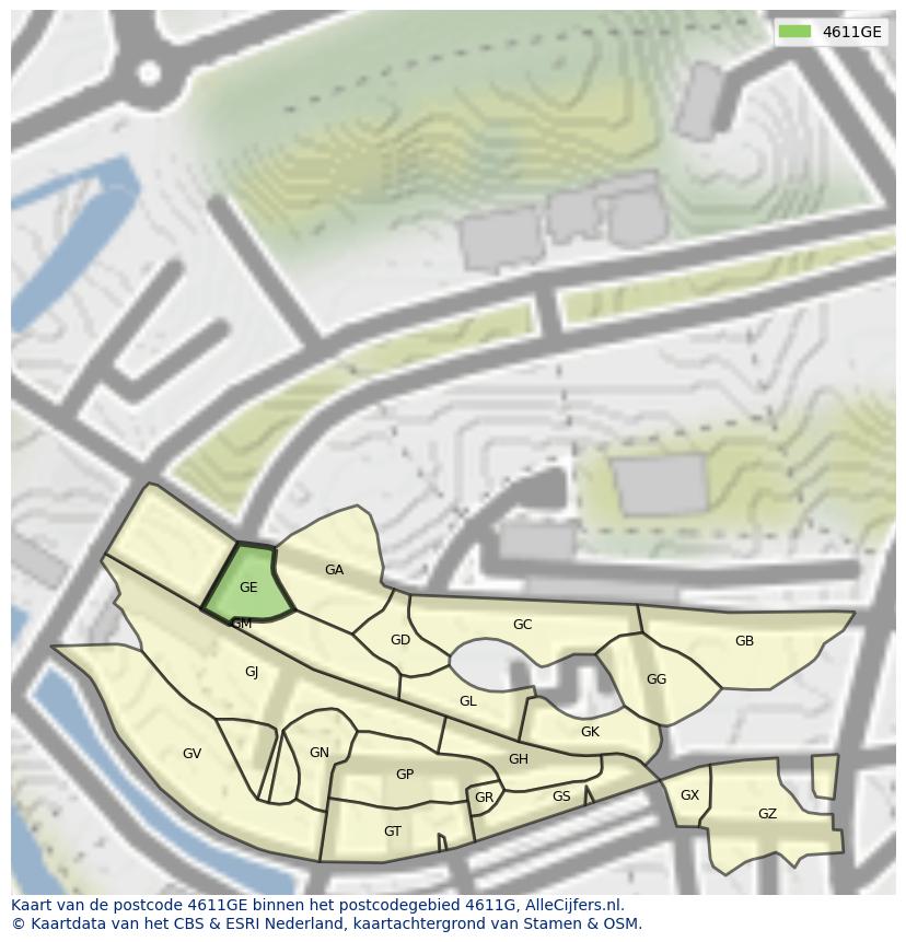 Afbeelding van het postcodegebied 4611 GE op de kaart.
