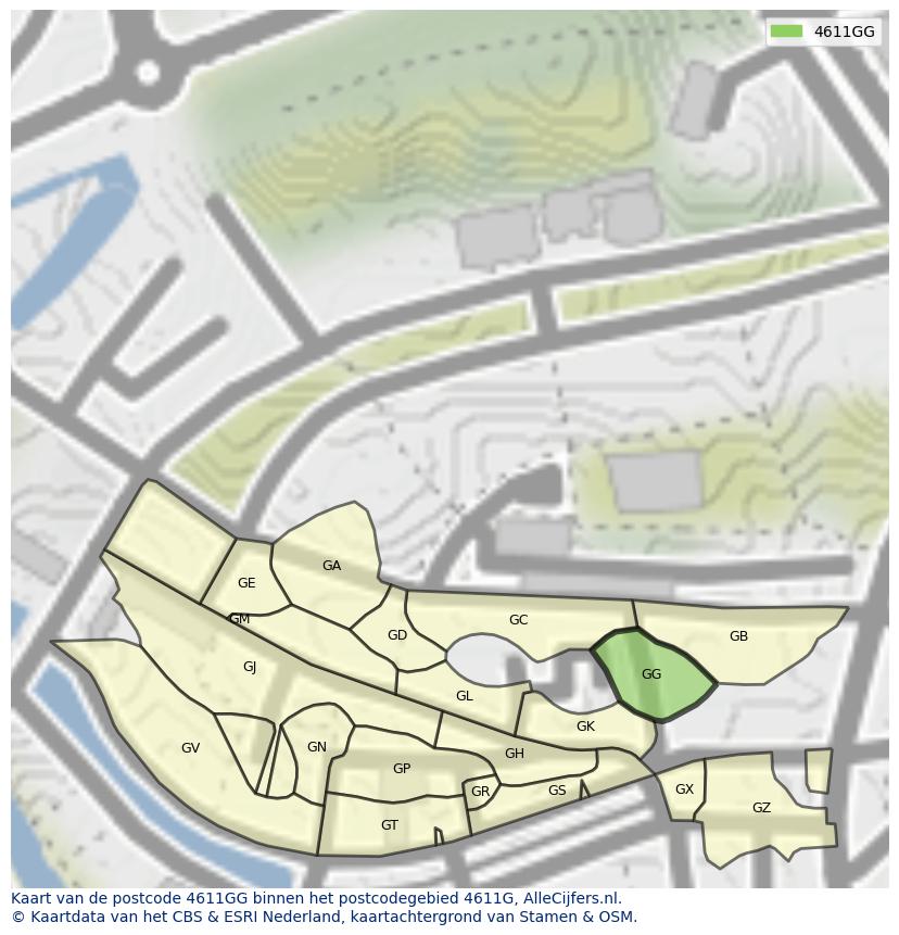Afbeelding van het postcodegebied 4611 GG op de kaart.
