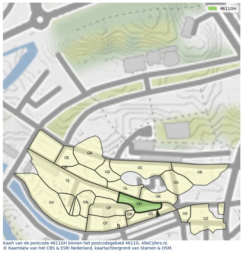 Afbeelding van het postcodegebied 4611 GH op de kaart.