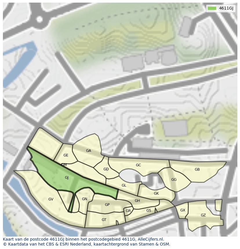 Afbeelding van het postcodegebied 4611 GJ op de kaart.