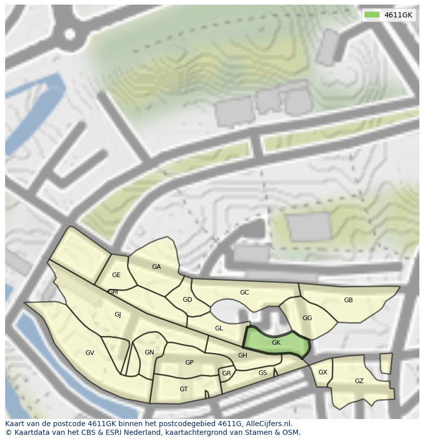 Afbeelding van het postcodegebied 4611 GK op de kaart.