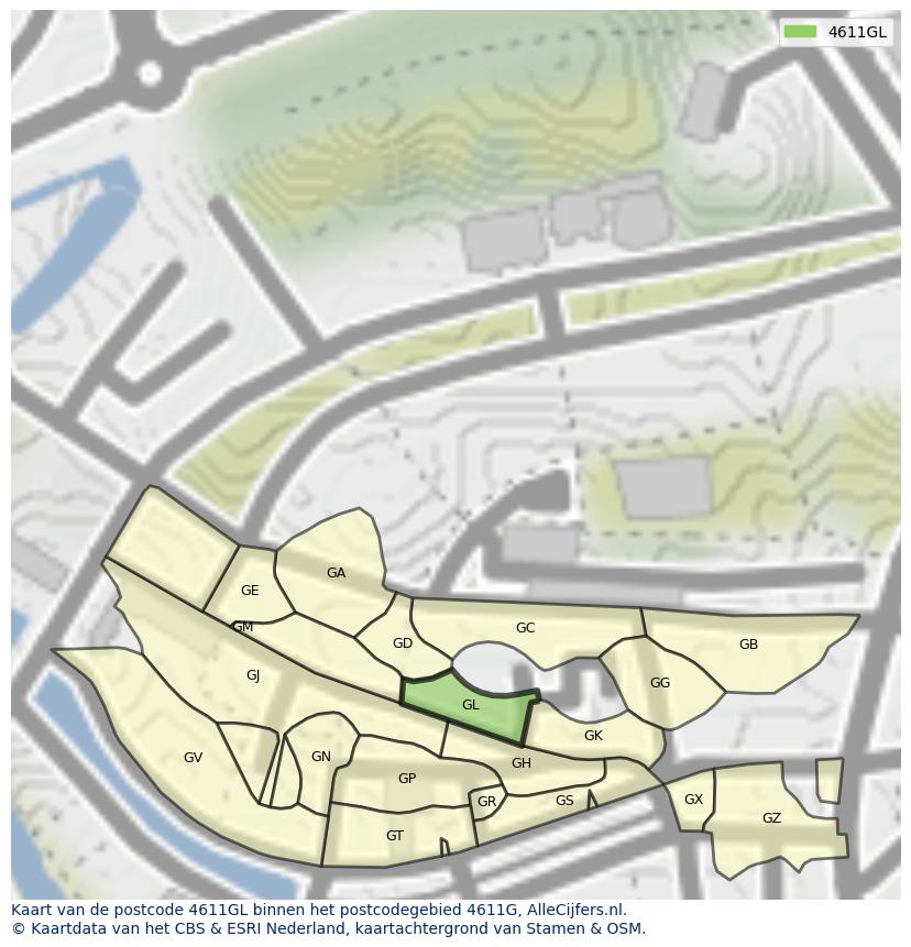 Afbeelding van het postcodegebied 4611 GL op de kaart.