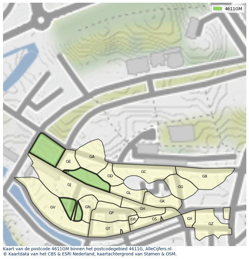 Afbeelding van het postcodegebied 4611 GM op de kaart.