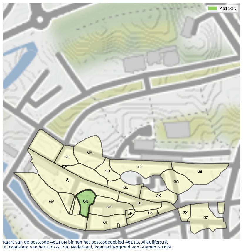 Afbeelding van het postcodegebied 4611 GN op de kaart.