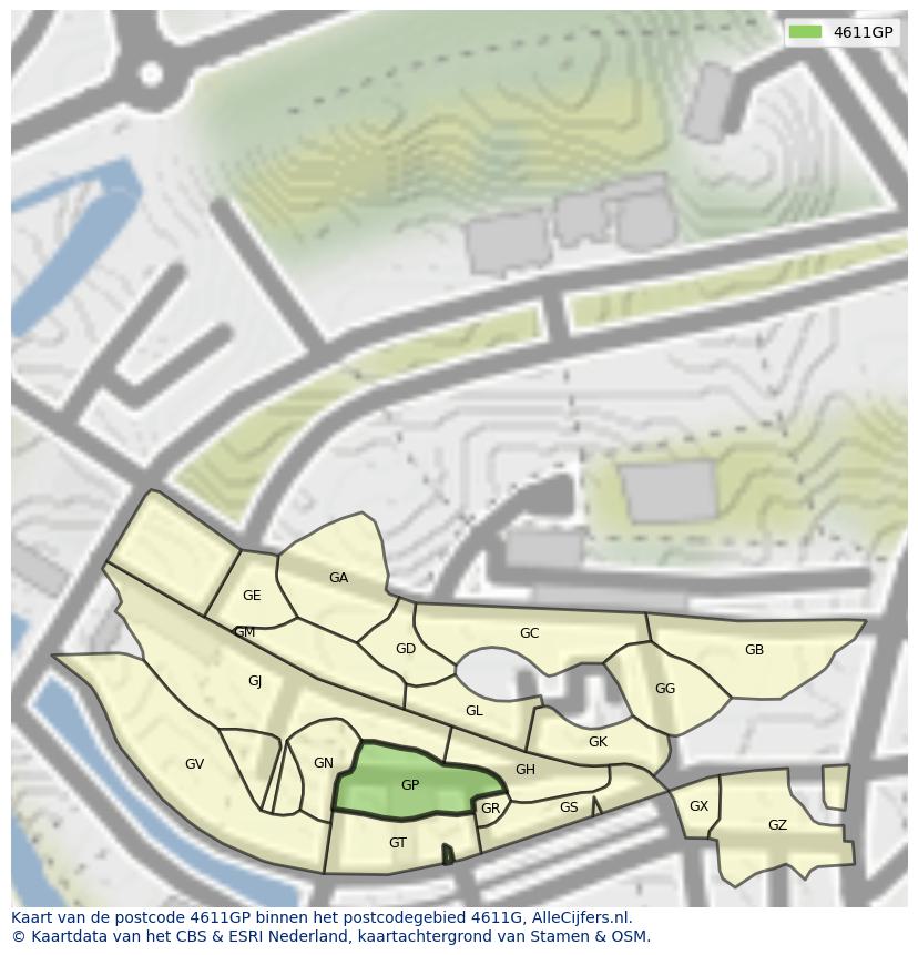 Afbeelding van het postcodegebied 4611 GP op de kaart.
