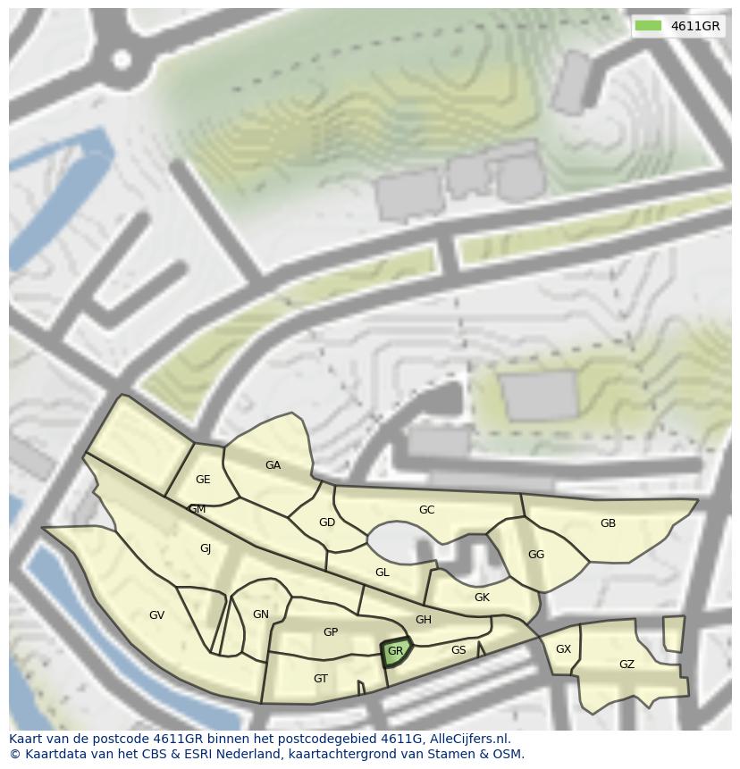 Afbeelding van het postcodegebied 4611 GR op de kaart.