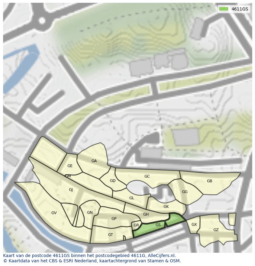 Afbeelding van het postcodegebied 4611 GS op de kaart.