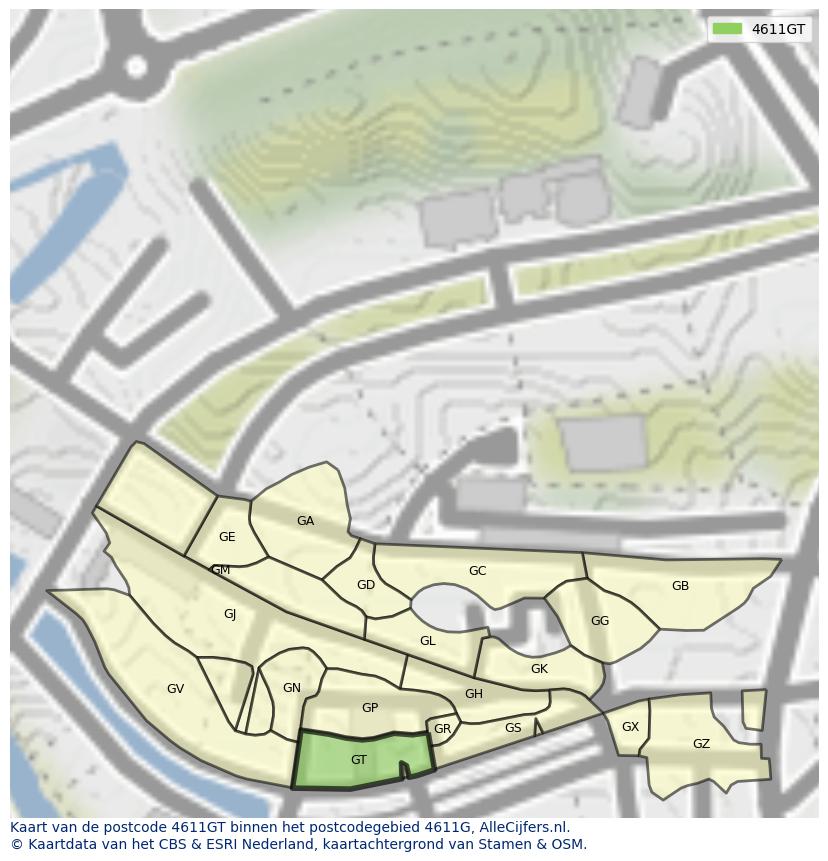 Afbeelding van het postcodegebied 4611 GT op de kaart.