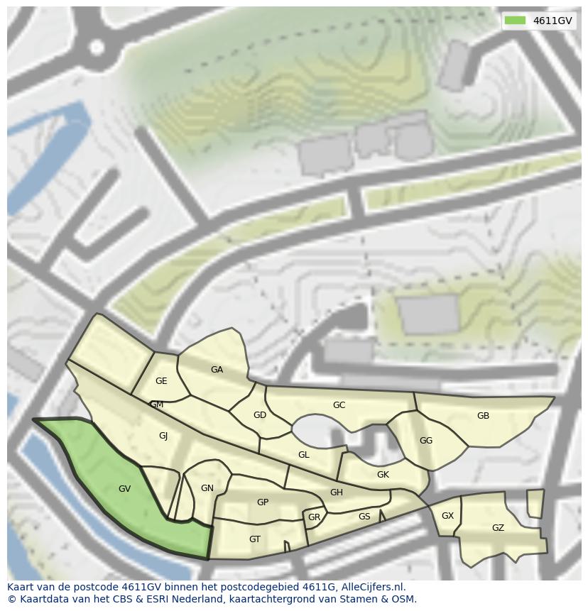 Afbeelding van het postcodegebied 4611 GV op de kaart.