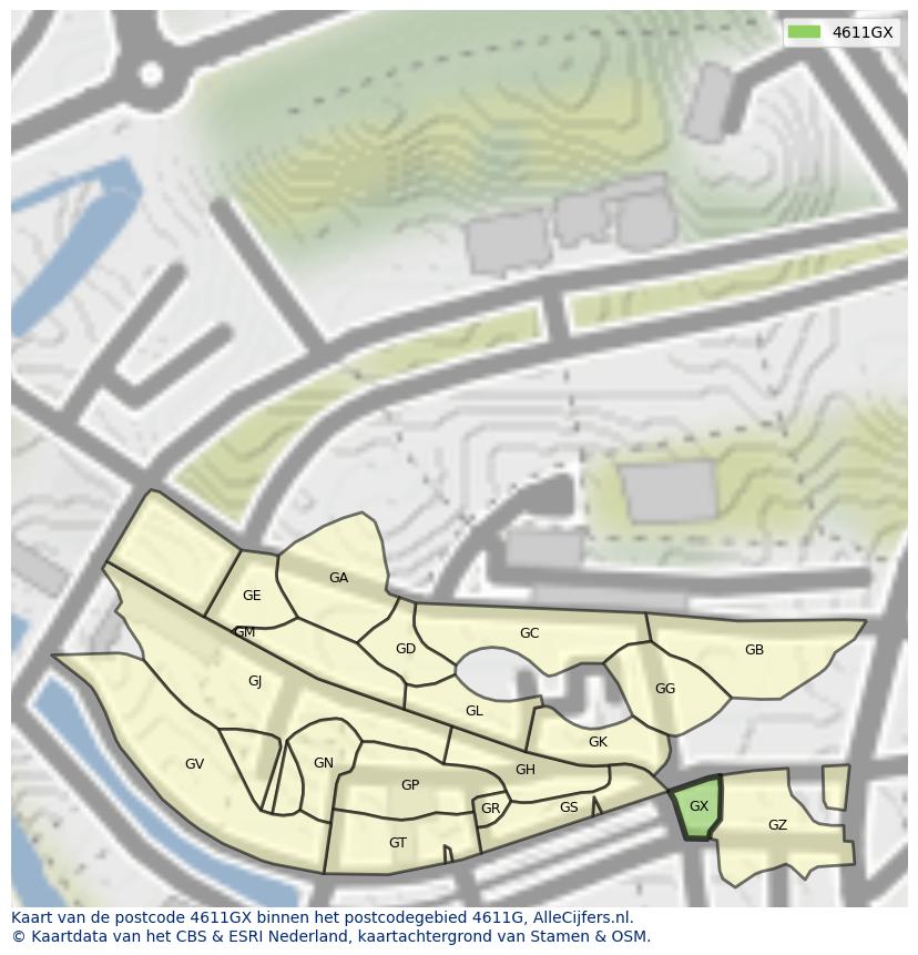 Afbeelding van het postcodegebied 4611 GX op de kaart.