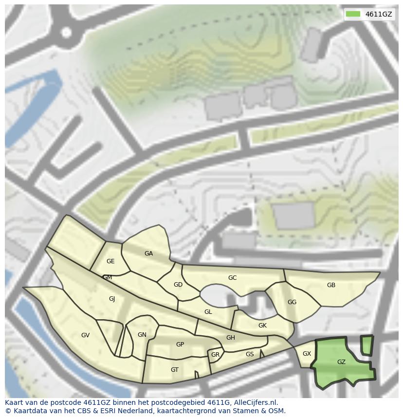 Afbeelding van het postcodegebied 4611 GZ op de kaart.