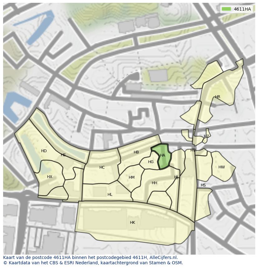 Afbeelding van het postcodegebied 4611 HA op de kaart.