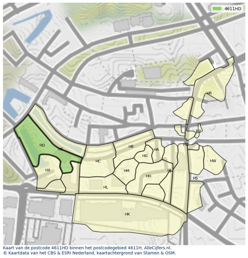 Afbeelding van het postcodegebied 4611 HD op de kaart.