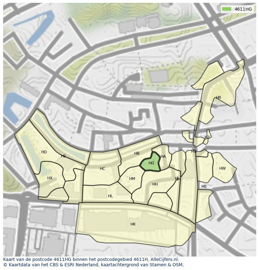 Afbeelding van het postcodegebied 4611 HG op de kaart.