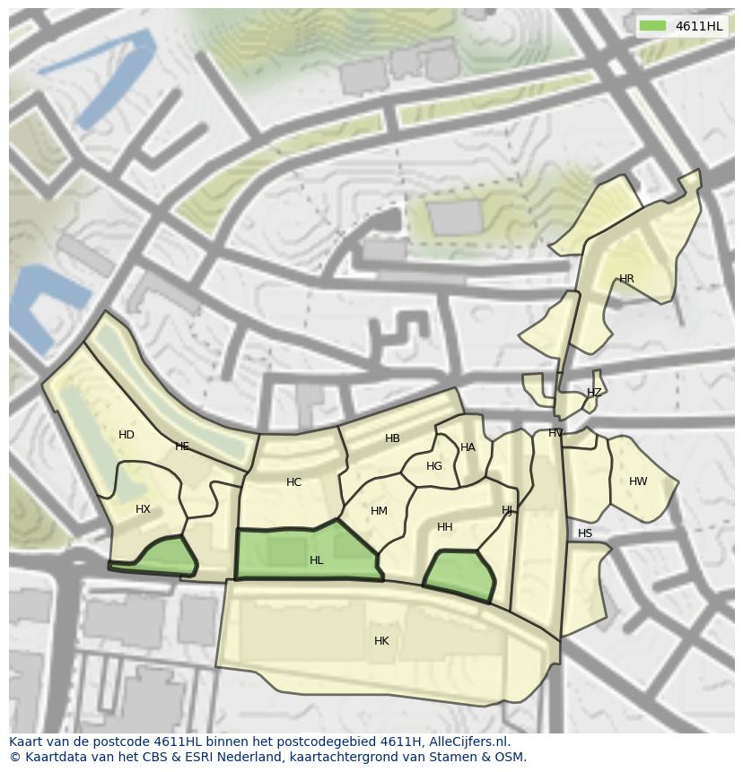 Afbeelding van het postcodegebied 4611 HL op de kaart.