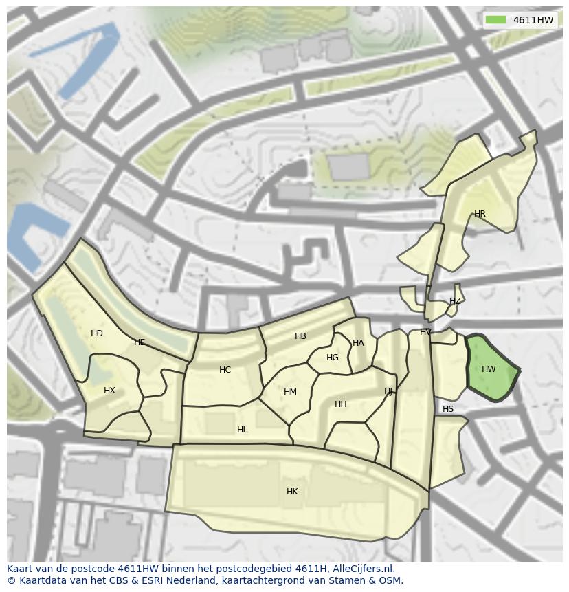 Afbeelding van het postcodegebied 4611 HW op de kaart.