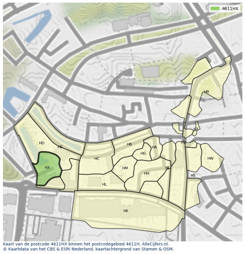 Afbeelding van het postcodegebied 4611 HX op de kaart.