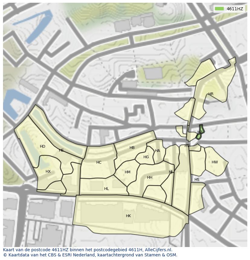 Afbeelding van het postcodegebied 4611 HZ op de kaart.