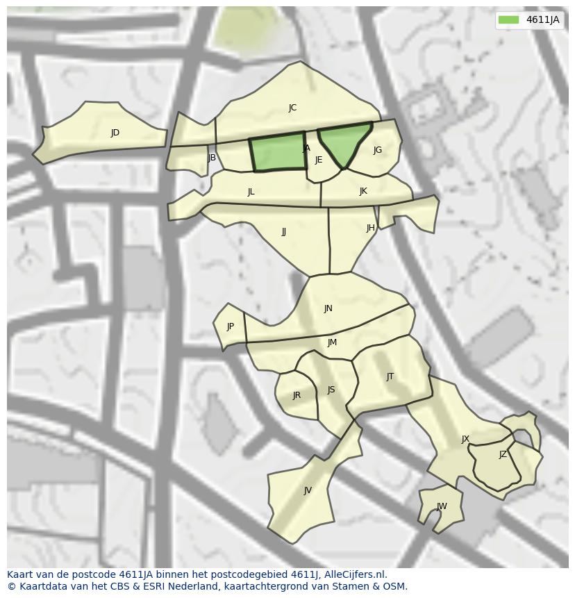 Afbeelding van het postcodegebied 4611 JA op de kaart.