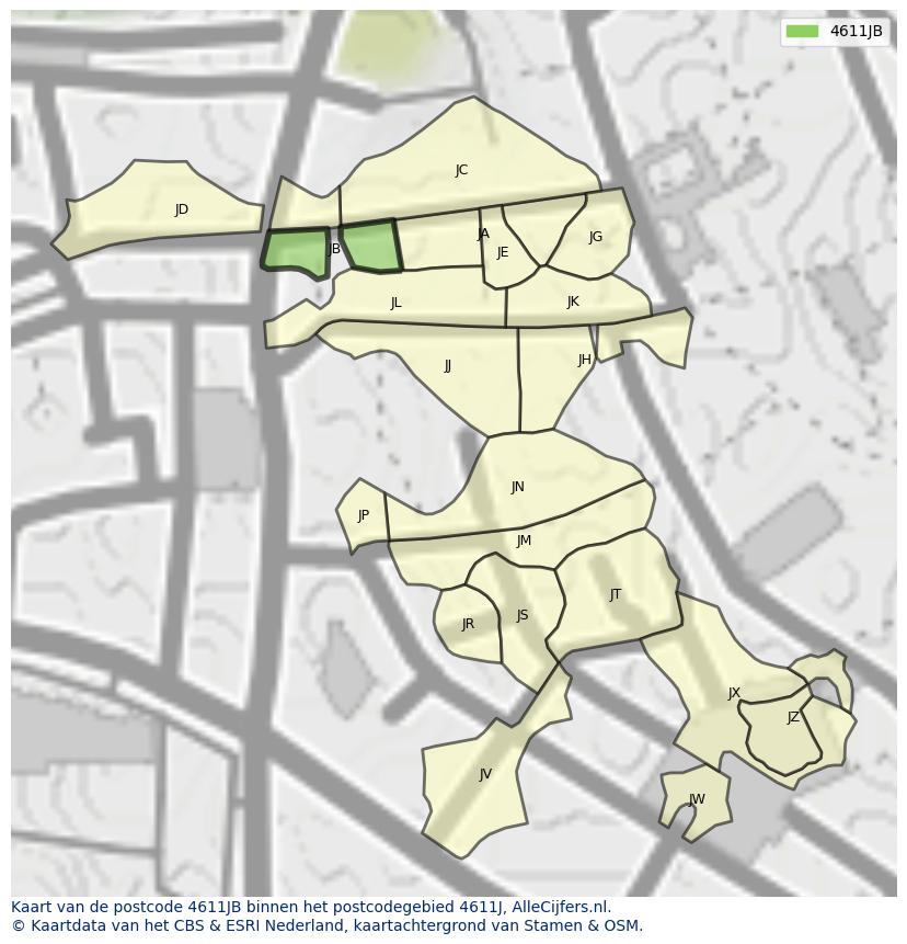 Afbeelding van het postcodegebied 4611 JB op de kaart.