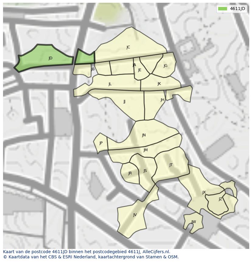Afbeelding van het postcodegebied 4611 JD op de kaart.