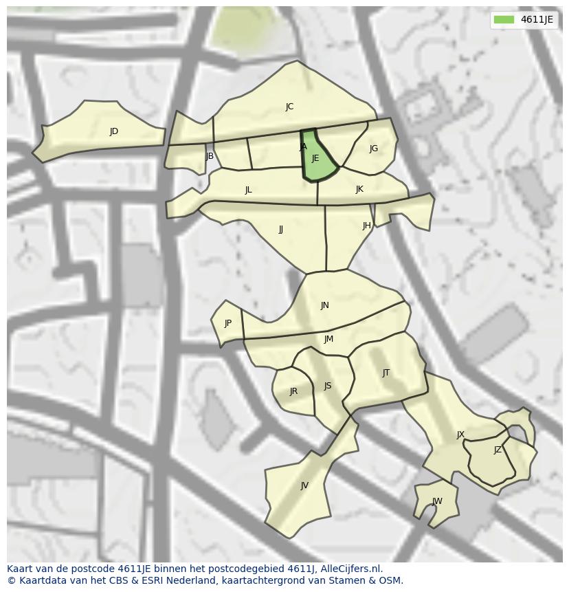 Afbeelding van het postcodegebied 4611 JE op de kaart.