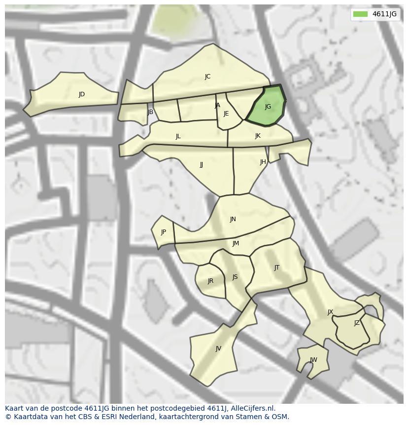 Afbeelding van het postcodegebied 4611 JG op de kaart.