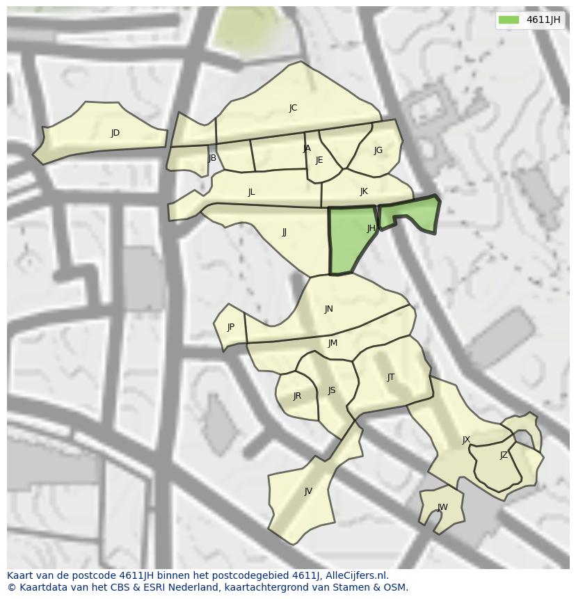 Afbeelding van het postcodegebied 4611 JH op de kaart.