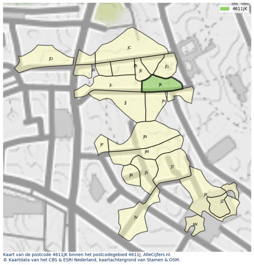 Afbeelding van het postcodegebied 4611 JK op de kaart.