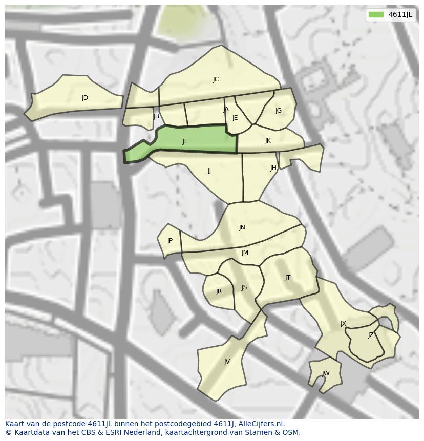 Afbeelding van het postcodegebied 4611 JL op de kaart.