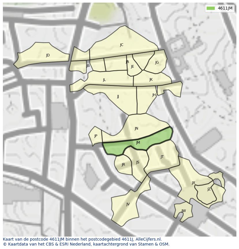 Afbeelding van het postcodegebied 4611 JM op de kaart.